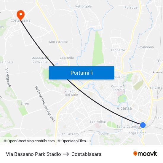 Via Bassano Park Stadio to Costabissara map