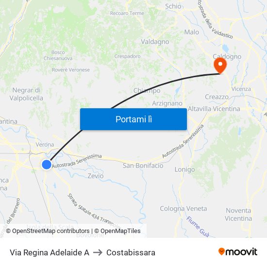 Via Regina Adelaide A to Costabissara map