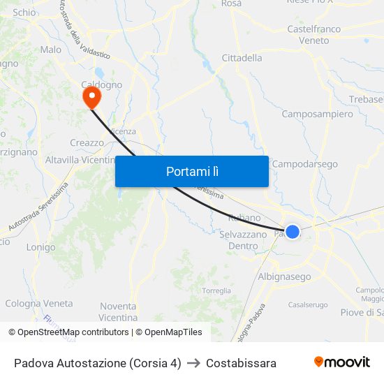 Padova Autostazione (Corsia 4) to Costabissara map