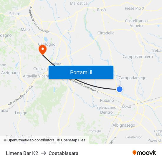 Limena Bar K2 to Costabissara map