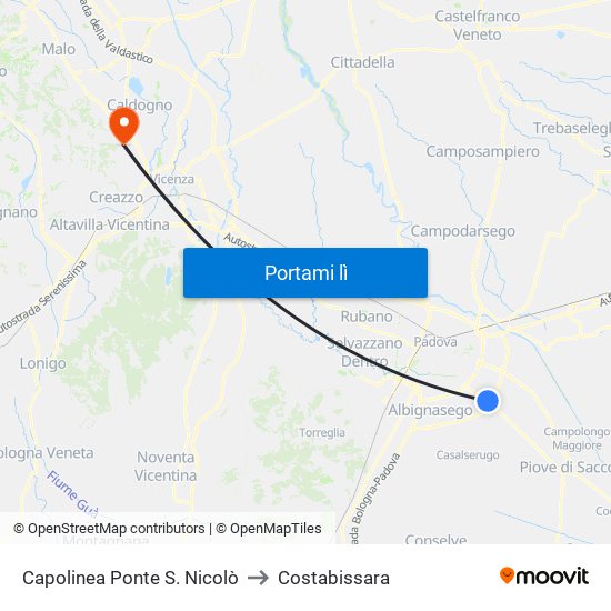 Capolinea Ponte S. Nicolò to Costabissara map