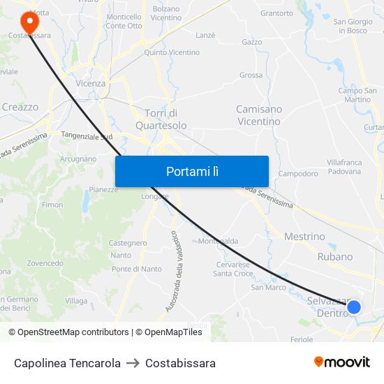 Capolinea Tencarola to Costabissara map