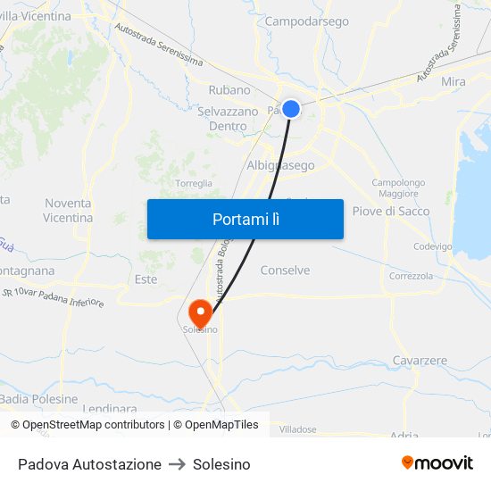 Padova Autostazione to Solesino map