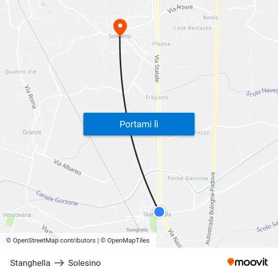 Stanghella to Solesino map