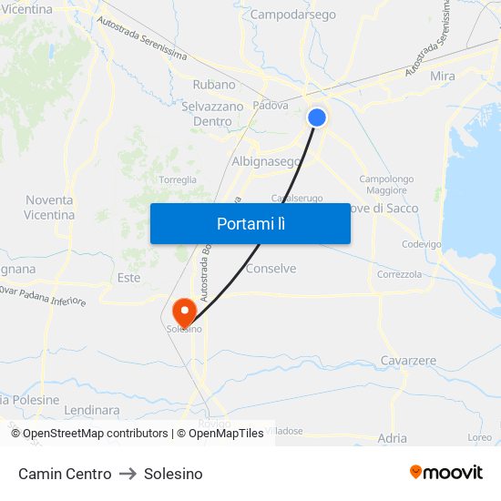 Camin Centro to Solesino map