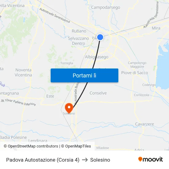 Padova Autostazione (Corsia 4) to Solesino map