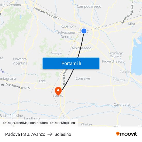 Padova FS J. Avanzo to Solesino map