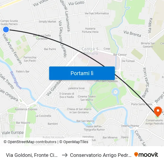 Via Goldoni, Fronte Civ.55 to Conservatorio Arrigo Pedrollo map