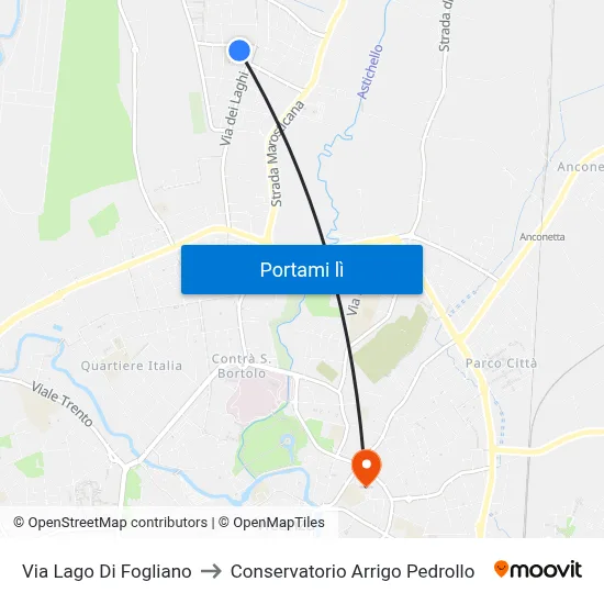 Via Lago Di Fogliano to Conservatorio Arrigo Pedrollo map