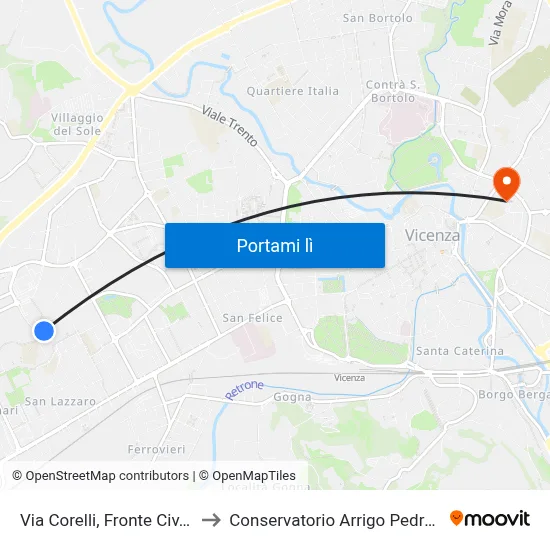 Via Corelli, Fronte Civ.11 to Conservatorio Arrigo Pedrollo map