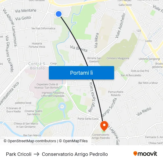 Park Cricoli to Conservatorio Arrigo Pedrollo map