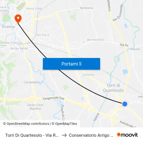 Torri Di Quartesolo - Via Roma, 292 to Conservatorio Arrigo Pedrollo map
