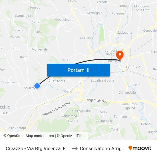 Creazzo - Via Btg Vicenza, Fronte Civ.106 to Conservatorio Arrigo Pedrollo map