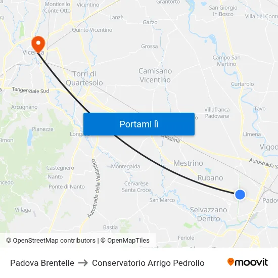 Padova Brentelle to Conservatorio Arrigo Pedrollo map