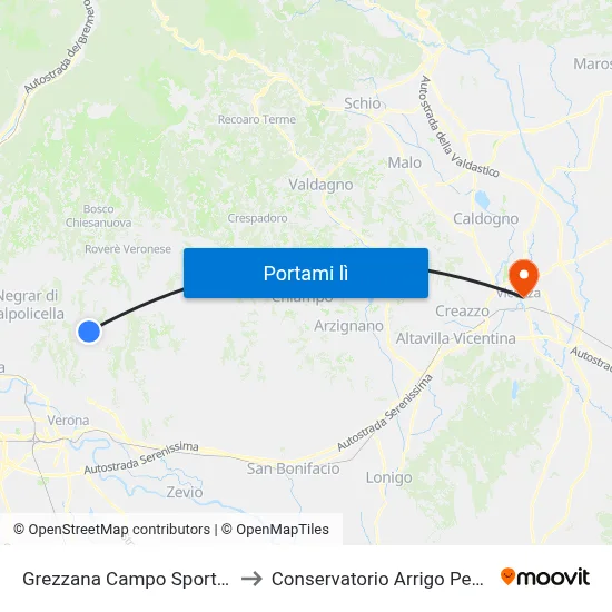Grezzana Campo Sportivo A to Conservatorio Arrigo Pedrollo map