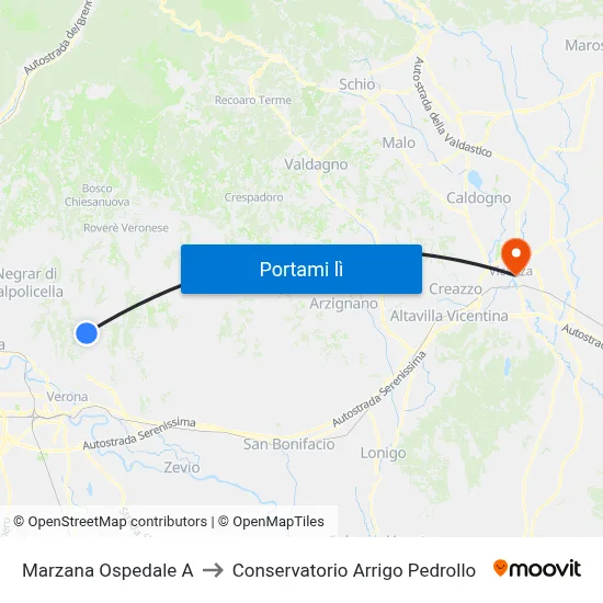 Marzana Ospedale A to Conservatorio Arrigo Pedrollo map