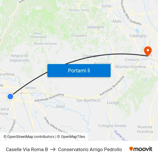 Caselle Via Roma B to Conservatorio Arrigo Pedrollo map