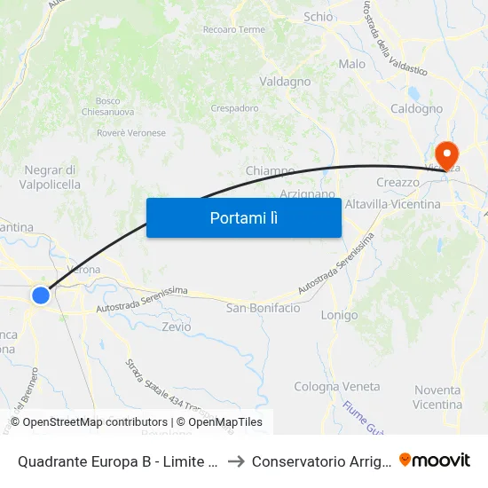 Quadrante Europa B - Limite Tariffa Urbana to Conservatorio Arrigo Pedrollo map