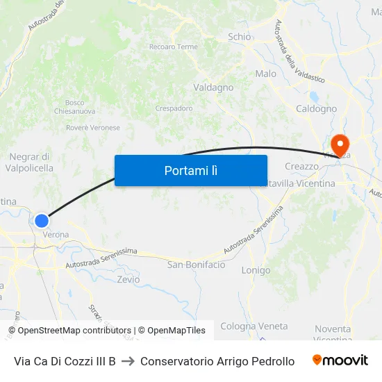 Via Ca Di Cozzi III B to Conservatorio Arrigo Pedrollo map
