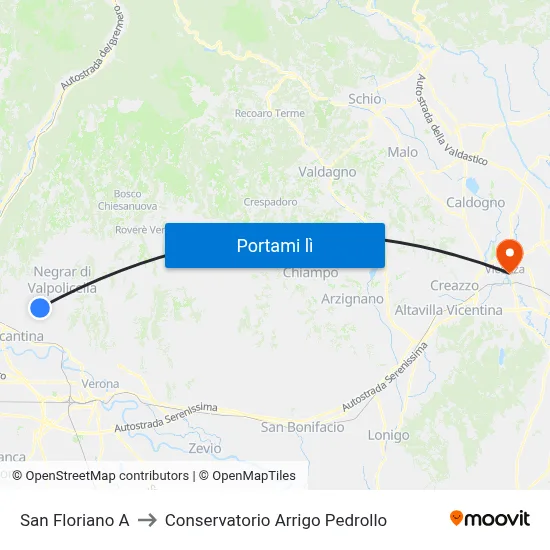 San Floriano A to Conservatorio Arrigo Pedrollo map