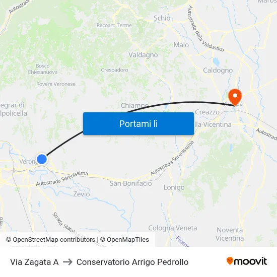 Via Zagata A to Conservatorio Arrigo Pedrollo map