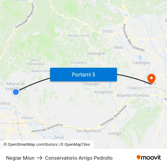 Negrar Mion to Conservatorio Arrigo Pedrollo map