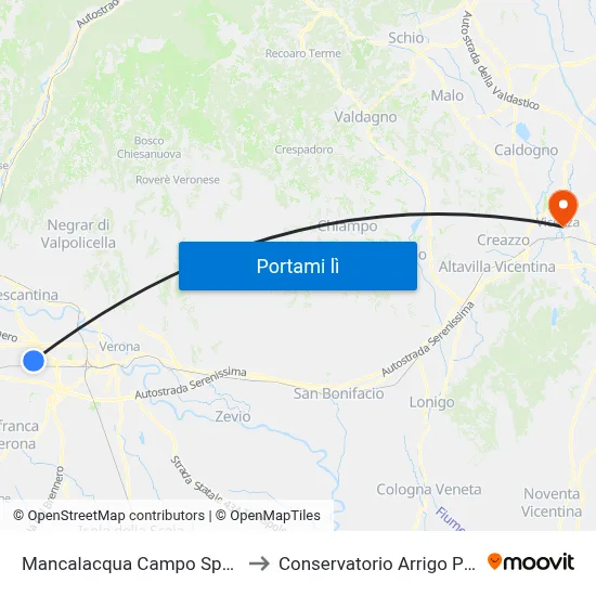 Mancalacqua Campo Sportivo B to Conservatorio Arrigo Pedrollo map