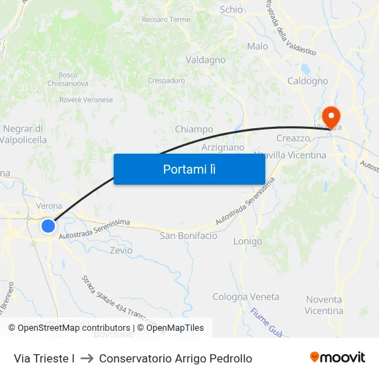 Via Trieste I to Conservatorio Arrigo Pedrollo map