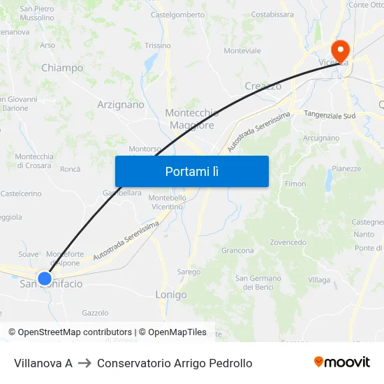 Villanova A to Conservatorio Arrigo Pedrollo map