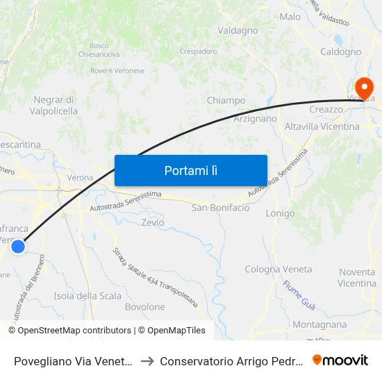 Povegliano Via Veneto A to Conservatorio Arrigo Pedrollo map