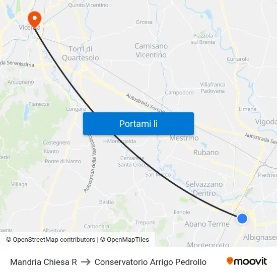 Mandria Chiesa R to Conservatorio Arrigo Pedrollo map