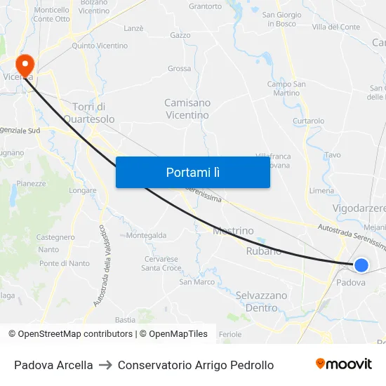 Padova Arcella to Conservatorio Arrigo Pedrollo map