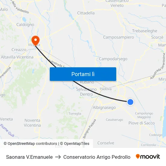 Saonara V.Emanuele to Conservatorio Arrigo Pedrollo map