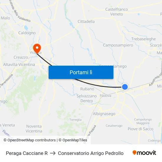 Peraga Cacciane R to Conservatorio Arrigo Pedrollo map