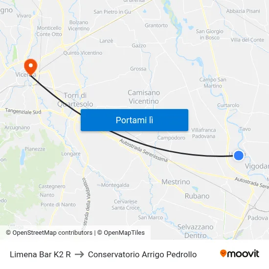 Limena Bar K2 R to Conservatorio Arrigo Pedrollo map