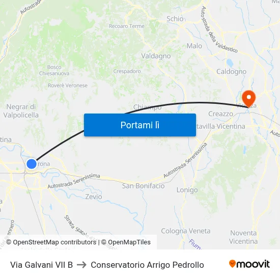 Via Galvani VII B to Conservatorio Arrigo Pedrollo map