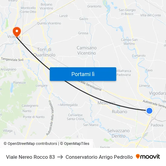 Viale Nereo Rocco 83 to Conservatorio Arrigo Pedrollo map