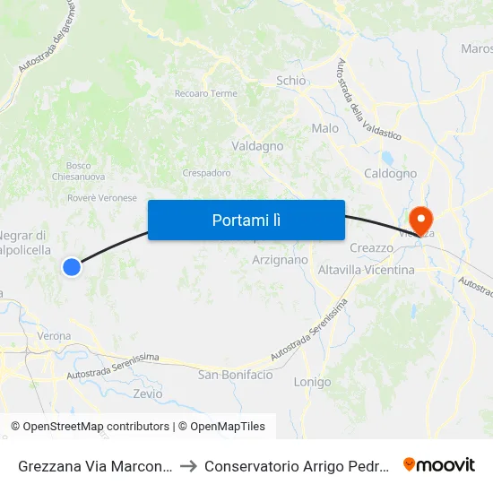 Grezzana Via Marconi B to Conservatorio Arrigo Pedrollo map