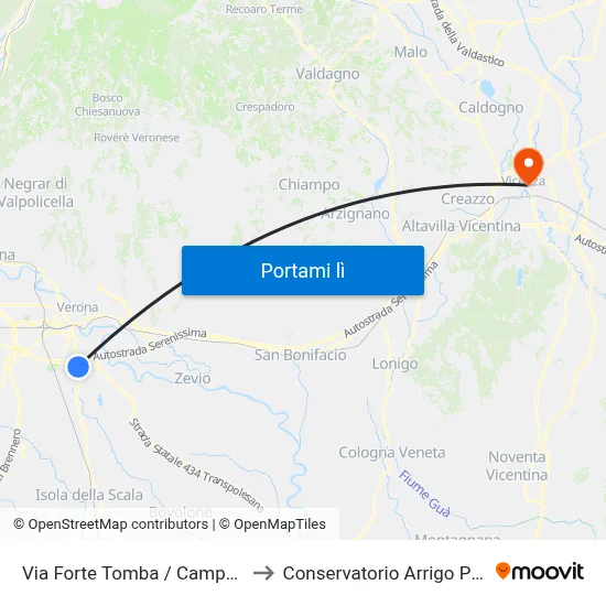 Via Forte Tomba / Campeggio A to Conservatorio Arrigo Pedrollo map