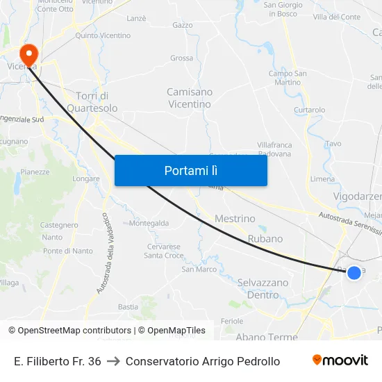 E. Filiberto Fr. 36 to Conservatorio Arrigo Pedrollo map