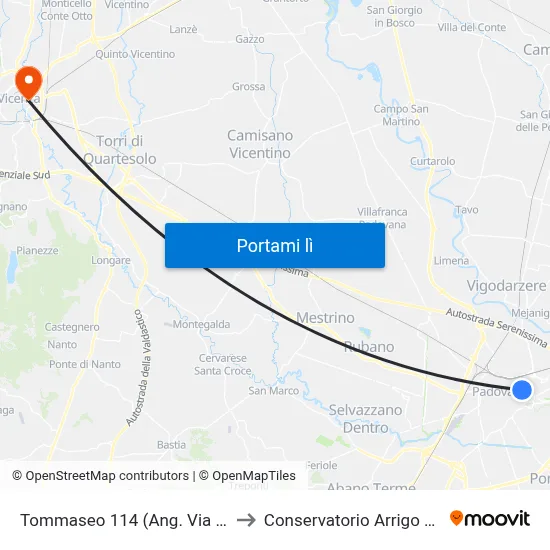 Tommaseo 114 (Ang. Via Venezia) to Conservatorio Arrigo Pedrollo map