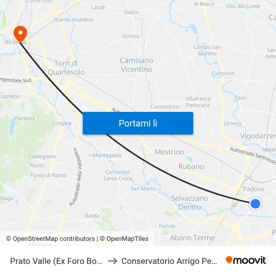 Prato Valle (Ex Foro Boario) to Conservatorio Arrigo Pedrollo map