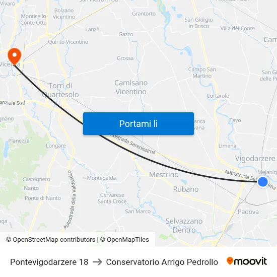 Pontevigodarzere 18 to Conservatorio Arrigo Pedrollo map