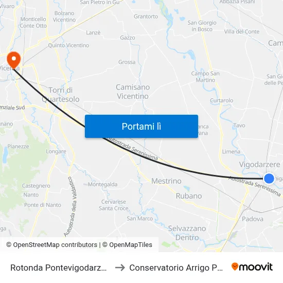 Rotonda Pontevigodarzere F.T. to Conservatorio Arrigo Pedrollo map