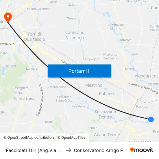 Facciolati 101 (Ang.Via Denizzi) to Conservatorio Arrigo Pedrollo map
