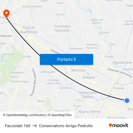 Facciolati 160 to Conservatorio Arrigo Pedrollo map