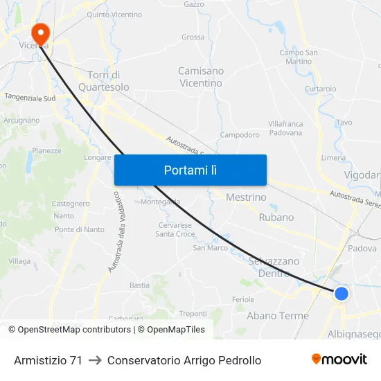 Armistizio 71 to Conservatorio Arrigo Pedrollo map