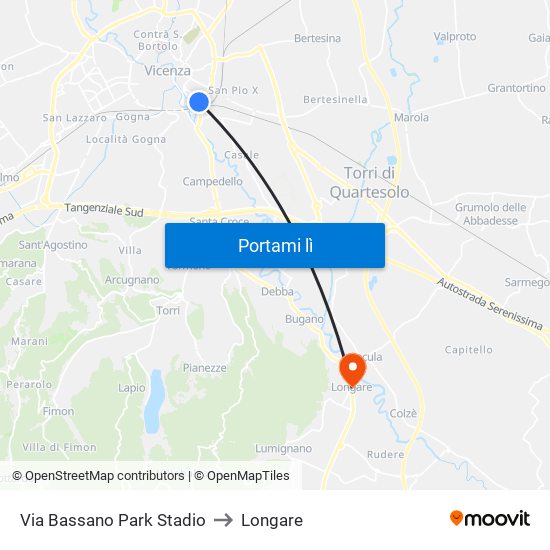 Via Bassano Park Stadio to Longare map