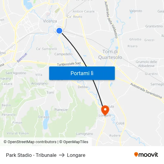 Park Stadio - Tribunale to Longare map