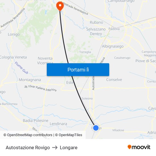 Autostazione Rovigo to Longare map
